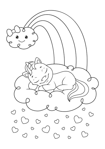 Premium vector unicorn sleeping on the cloud coloring page