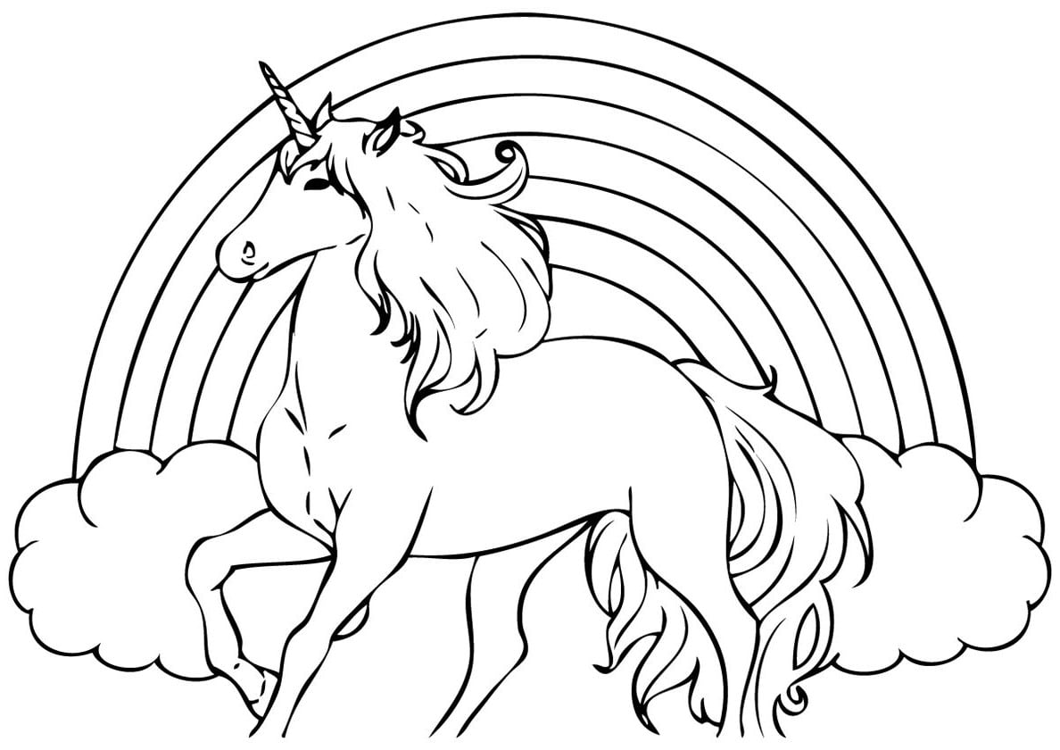 Kind unicorn and a rainbow in the cloud coloring page