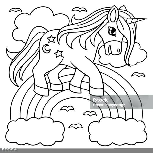 Unicorn walking on the rainbow coloring page stock illustration