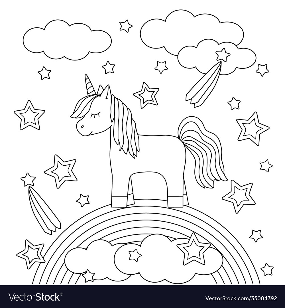 Coloring book with a cute unicorn on rainbow vector image