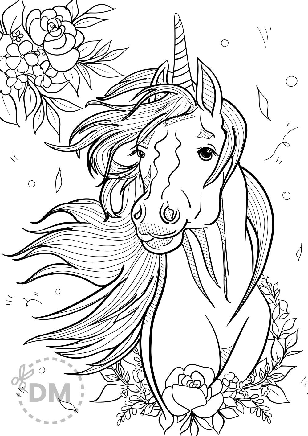 Unicorn face coloring page for teens and adults