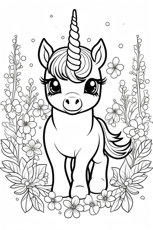 Coloring book cute and cuddly baby unicorn on a trip to the amazing daigo