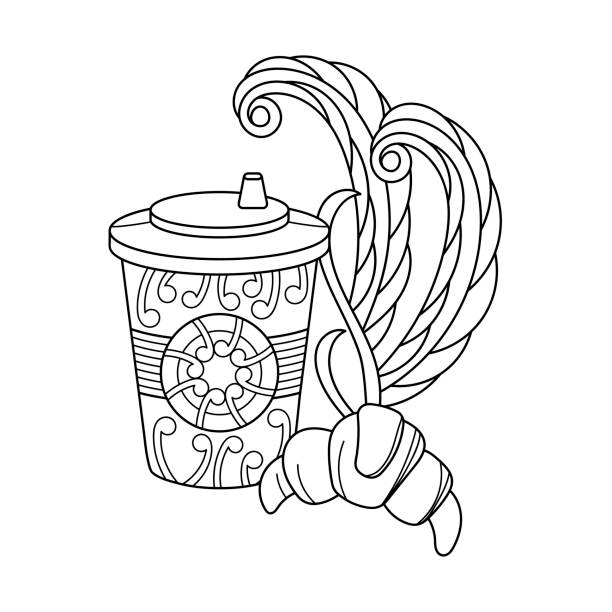 Coloring book disposable coffee cup croissant takeaway coffee breakfast doodle elements vector stock illustration