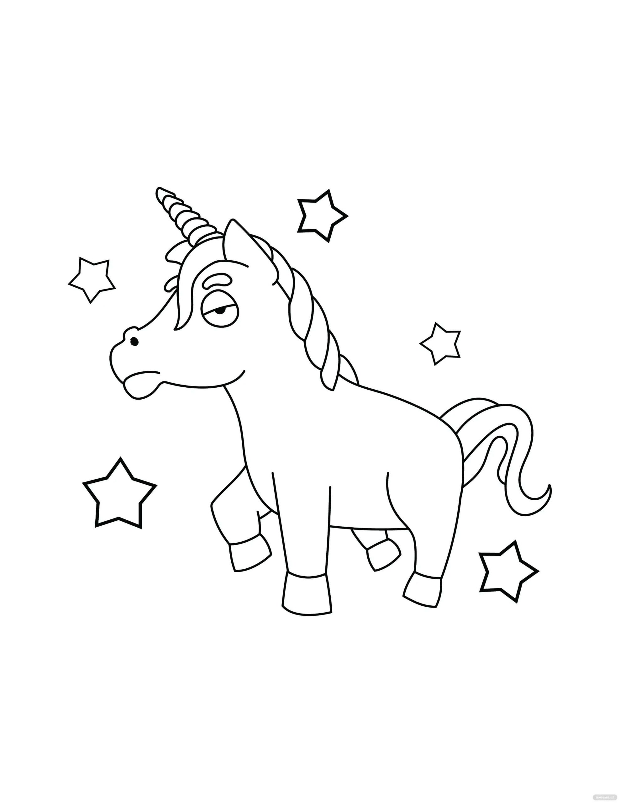 Funny unicorn with stars coloring page