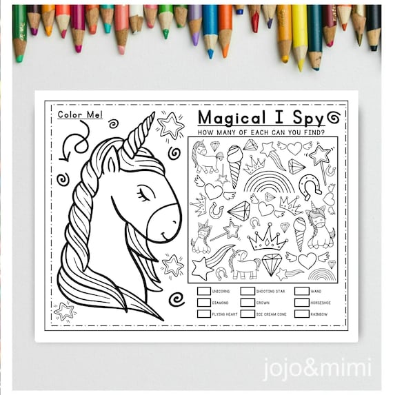 Unicorn activity coloring page magical i spy printable activity unicorn birthday party placemat birthday game unicorn party activity game