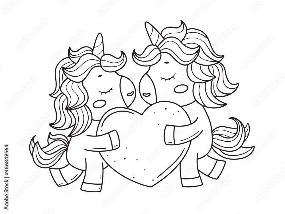 Adorable couple of valentine unicorns with heartunicorns for coloring bookline art design for kids coloring page vector