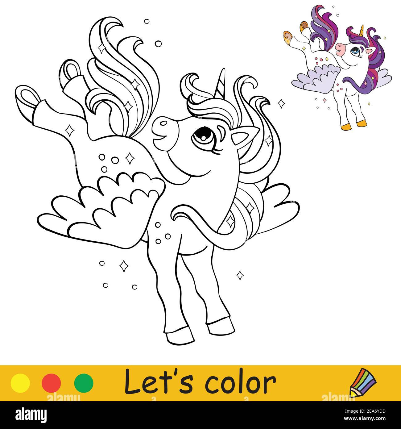 Cute unicorn with wings coloring book page with colorful template vector cartoon illustration isolated on white background for coloring book presc stock vector image art