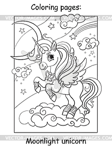 Coloring book page cute unicorn with wings