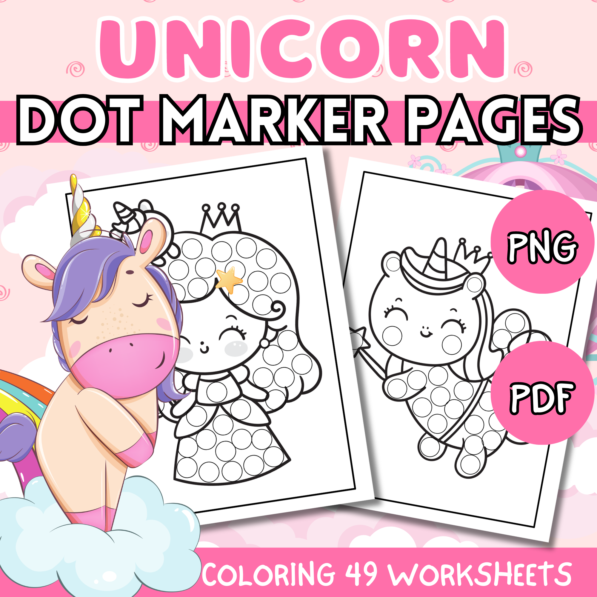 Unicorn dot marker activities and coloring pages for kids made by teachers