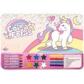 Kit para colorir unicãrnio livro para colorir cartela de adesivos canetinhas giz de cera aquarela e pincel