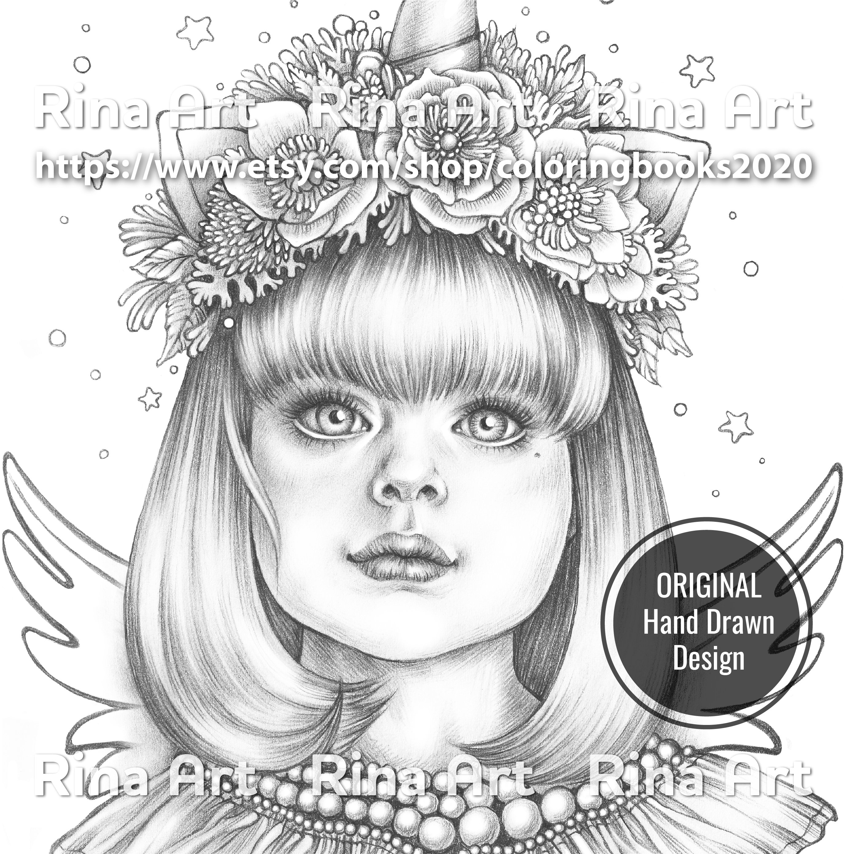 Little unicorn coloring page printable adult colouring pages book download grayscale illustration jpg pdf