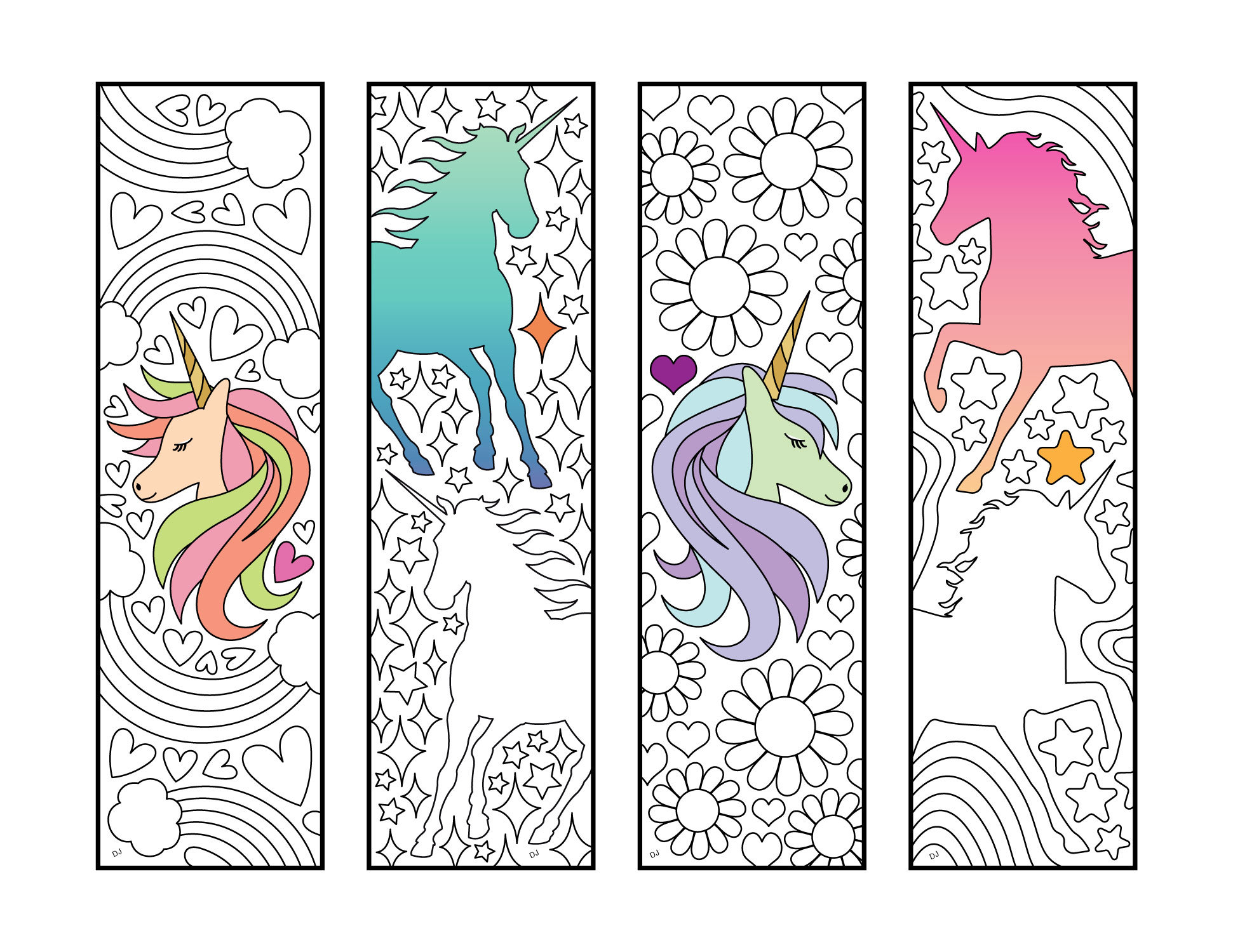 Unicorn bookmarks pdf coloring page