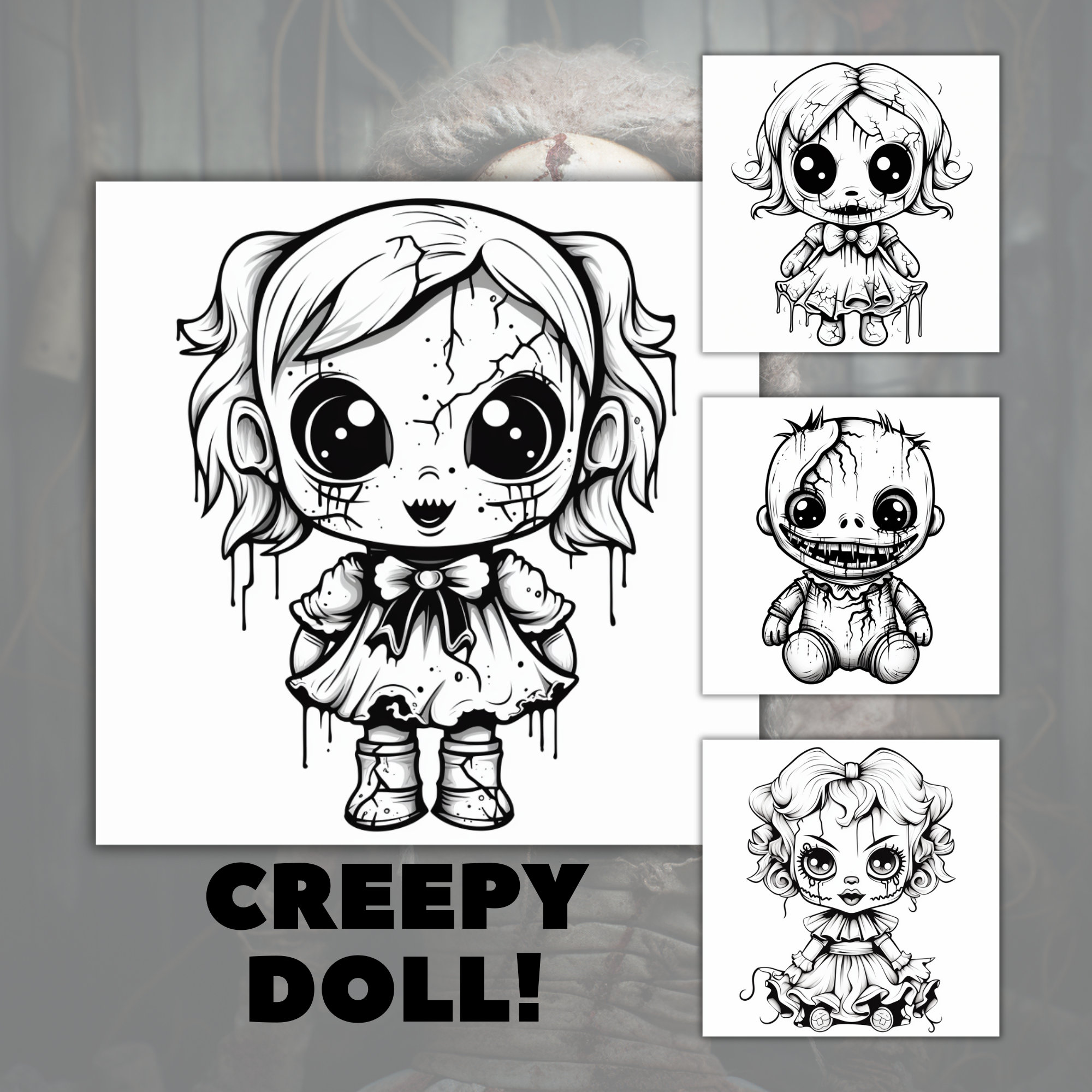 Creepy doll coloring pages kawaii coloring book for kids and adult digital download printable