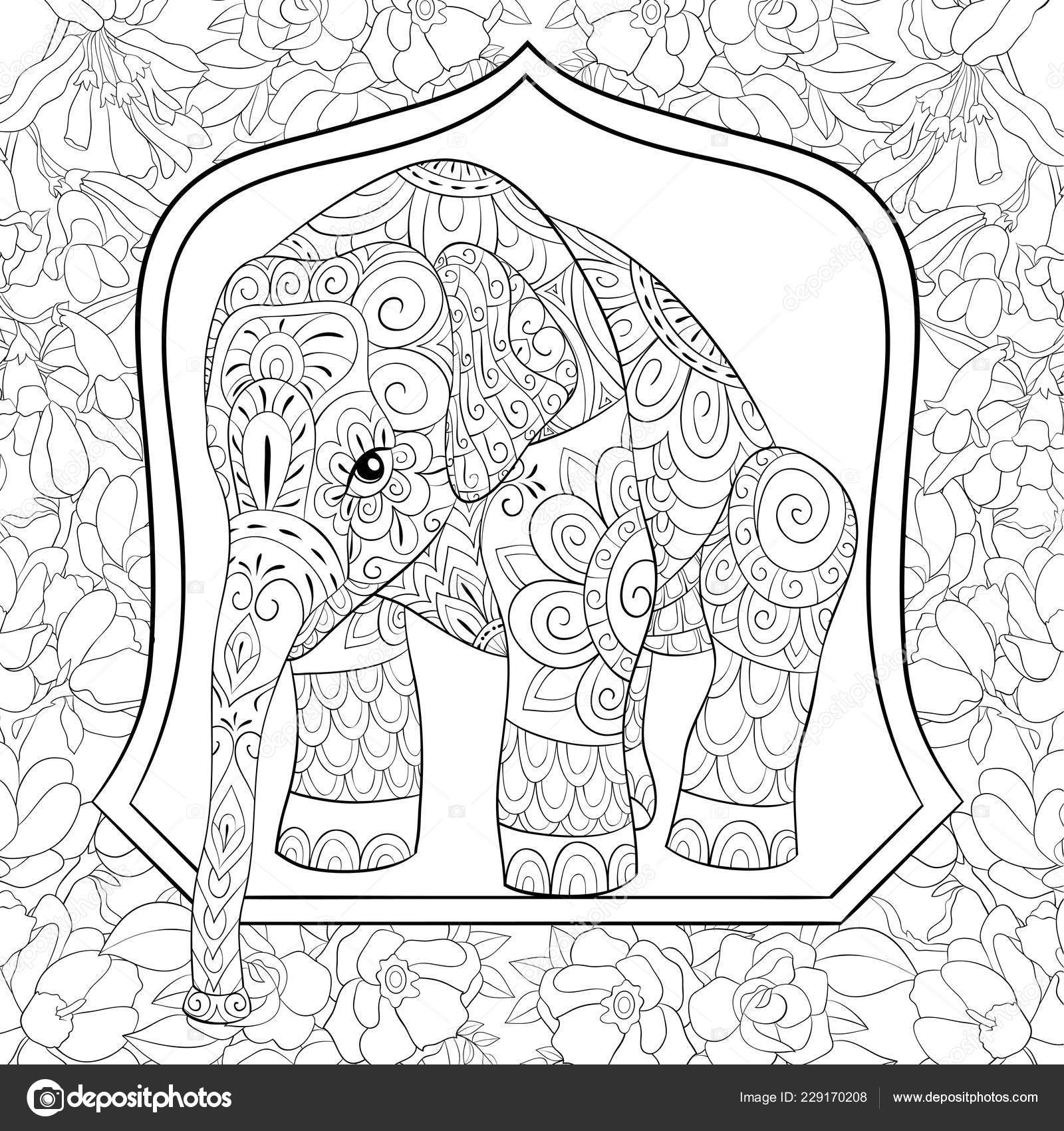 Cute elephant frame background flowers image adults relaxing activity zen stock vector by nonuzza