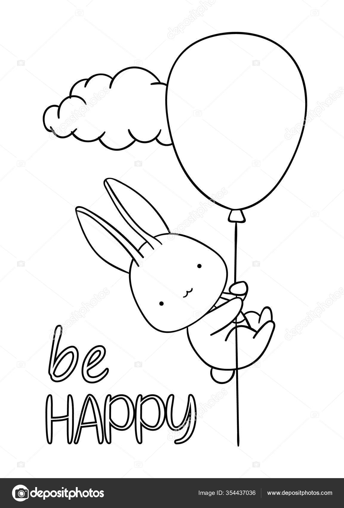 Coloring pages black white cute hand drawn bunny air balloon stock vector by dikabrina