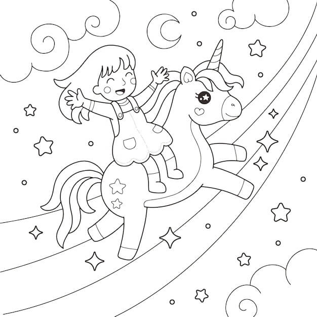 Unicorn with three rainbows and clouds coloring page