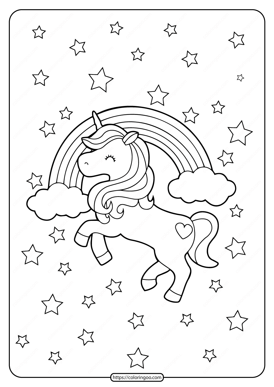 Printable unicorn rainbow and stars coloring page star coloring pages kids printable coloring pages unicorn coloring pages