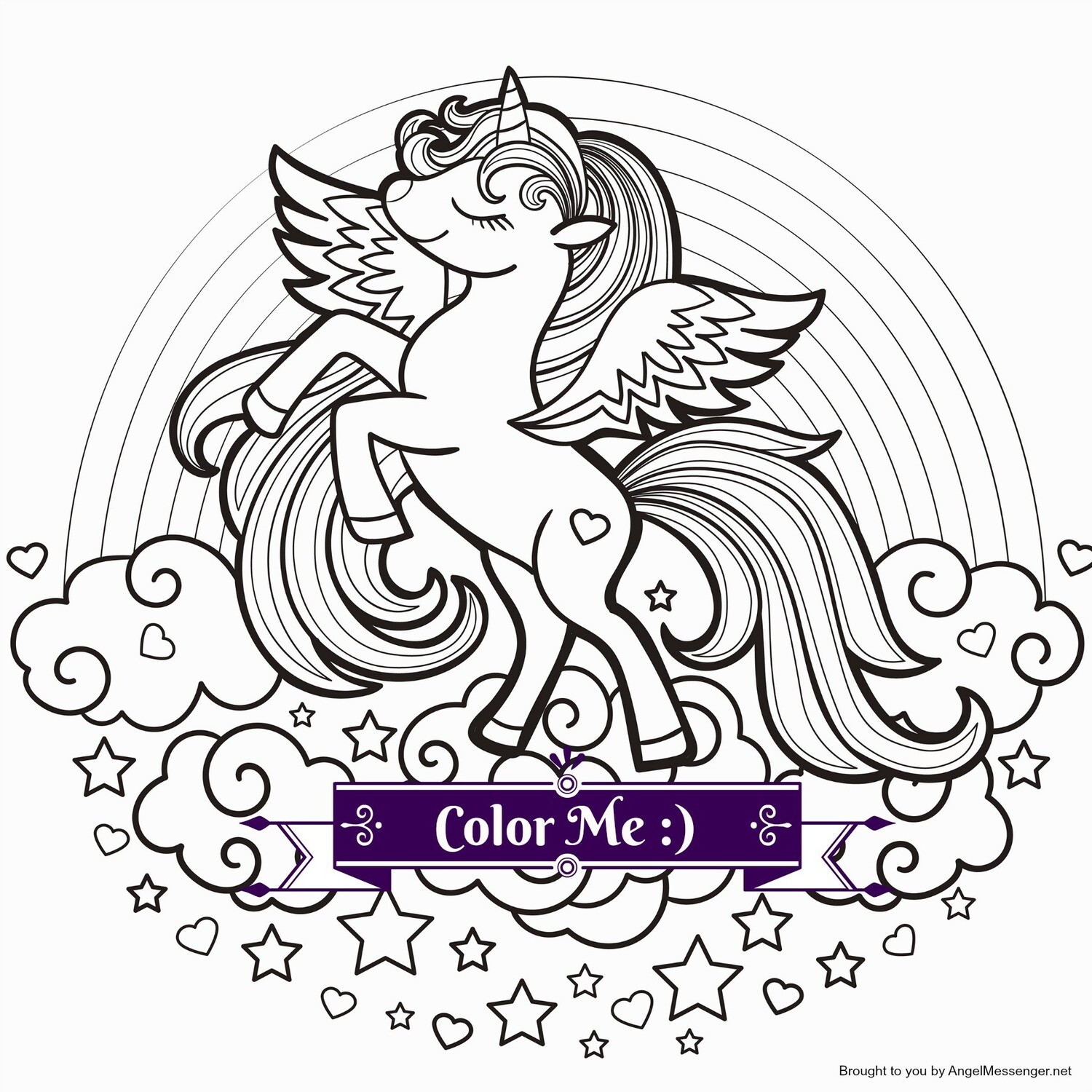 Celestial unicorn rainbow coloring page