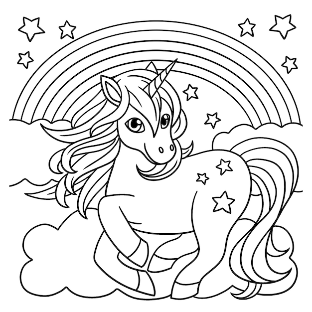 Premium vector unicorn standing under the rainbow coloring page