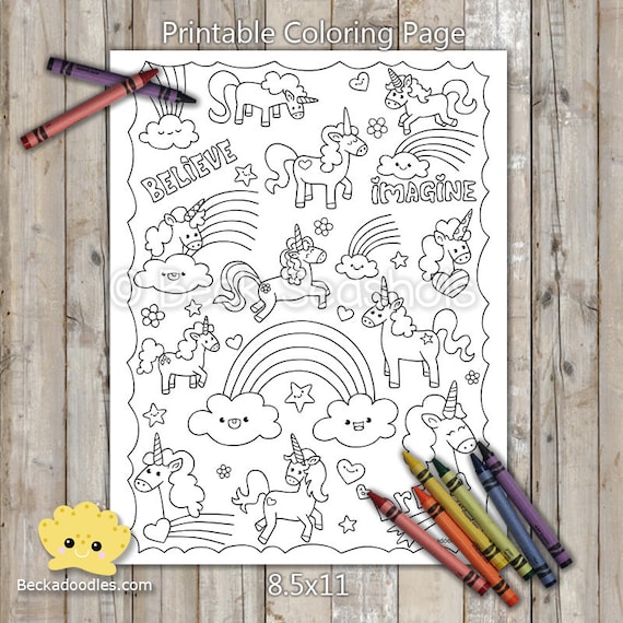 Printable unicorns and rainbows coloring page digital download hand