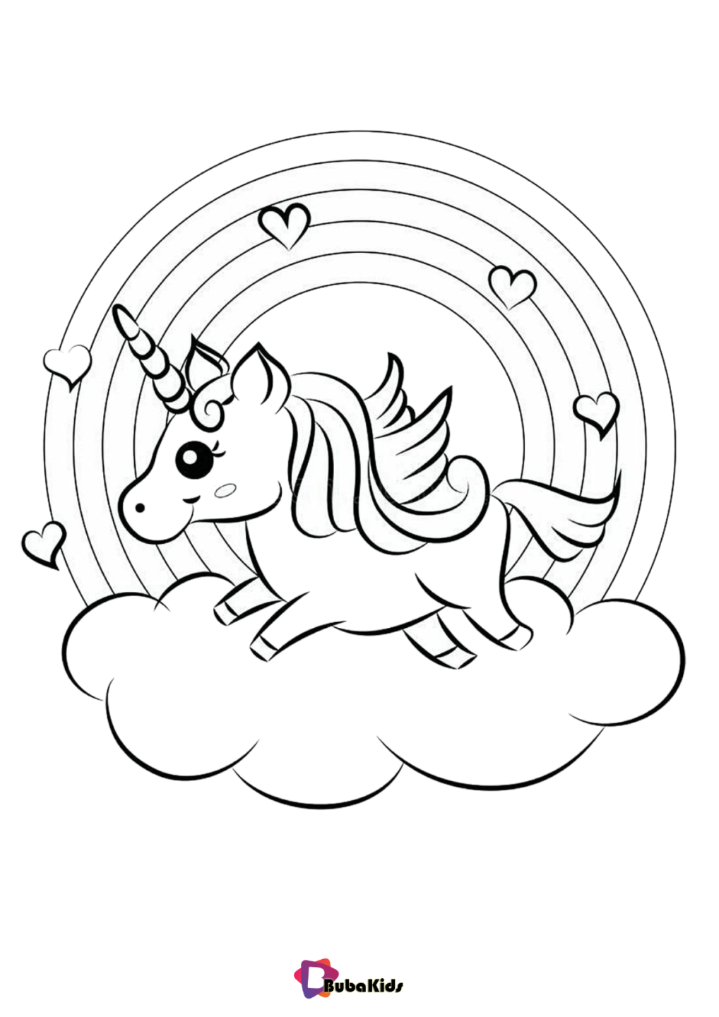 Rainbow and unicorn with cloud coloring pages