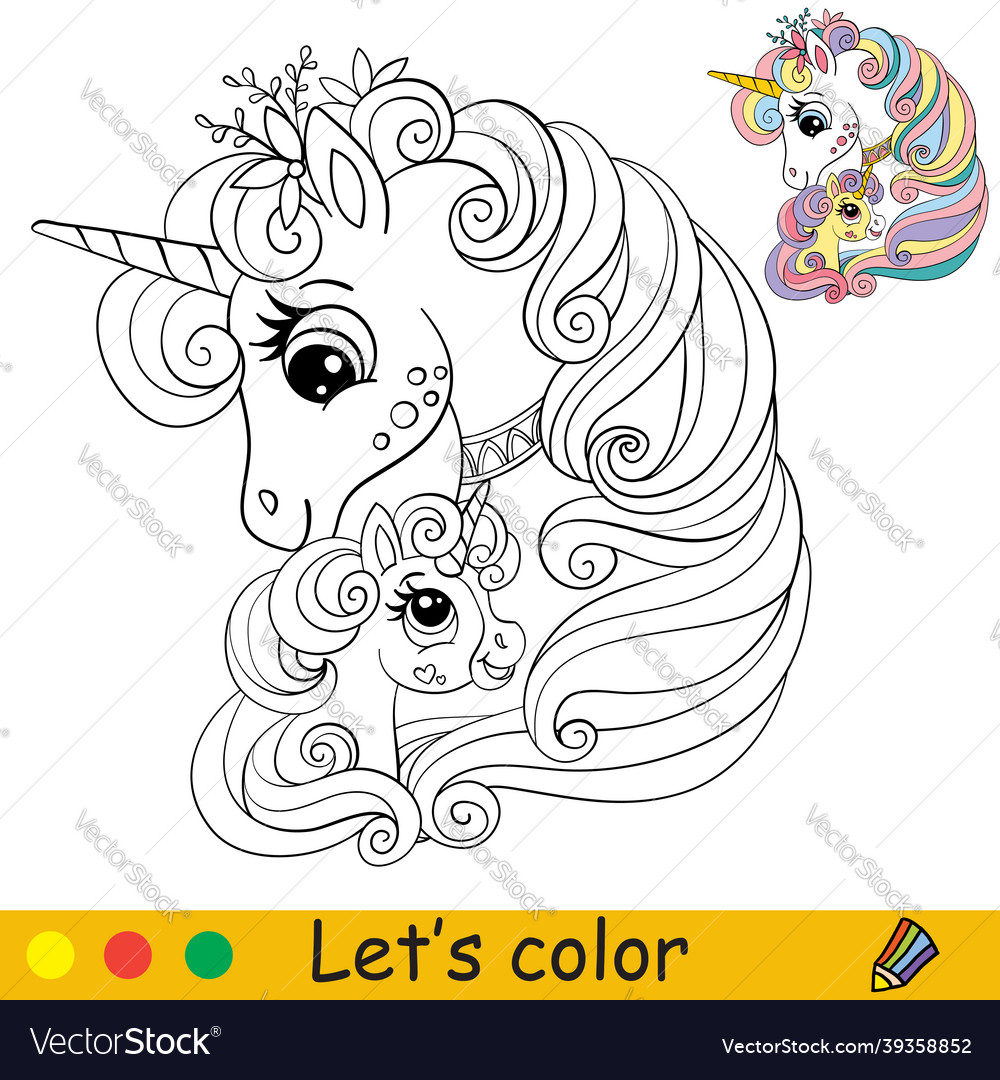 Cute mom and baby unicorns coloring book page vector image