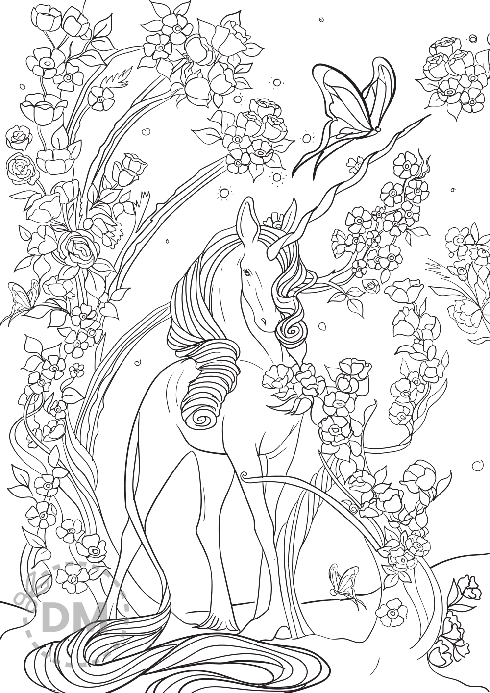 Hard unicorn coloring page for adults and teens