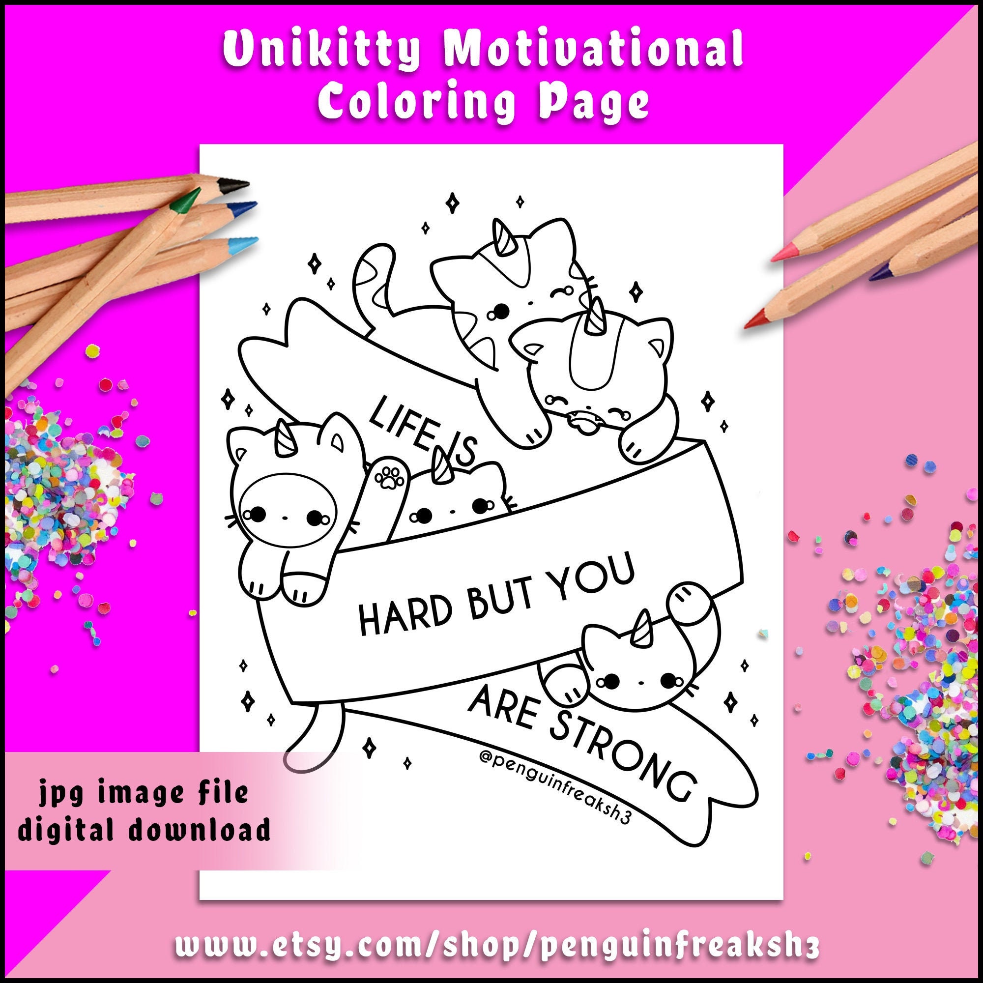 Cute kawaii unikitty motivational coloring page kitty cat unicorn coloring page digital download printable fun kids activity download now