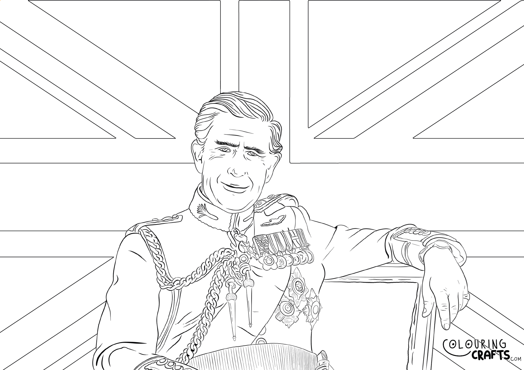 King charles iii in front of union jack coronation colouring page