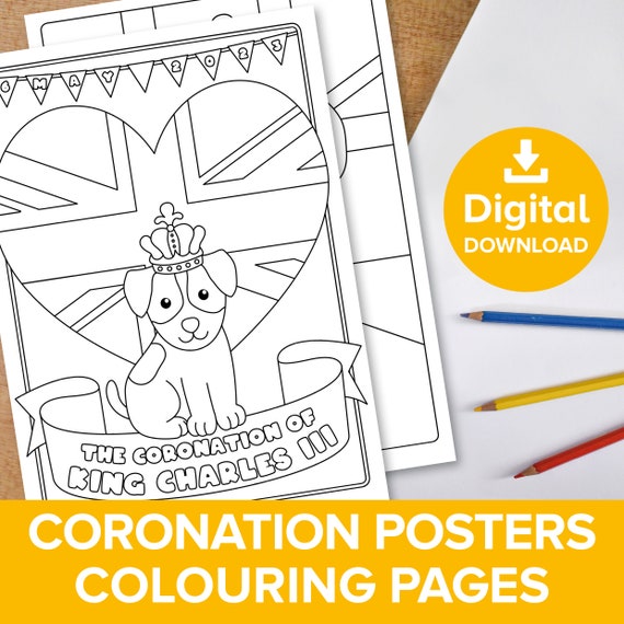 King charles iii coronation colouring poster royal family corgi dog color page union jack russell uk celebration queen elizabeth printable instant download