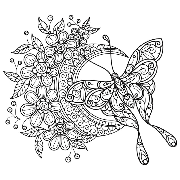 Premium vector butterfly and flower moon hand drawn for adult coloring book