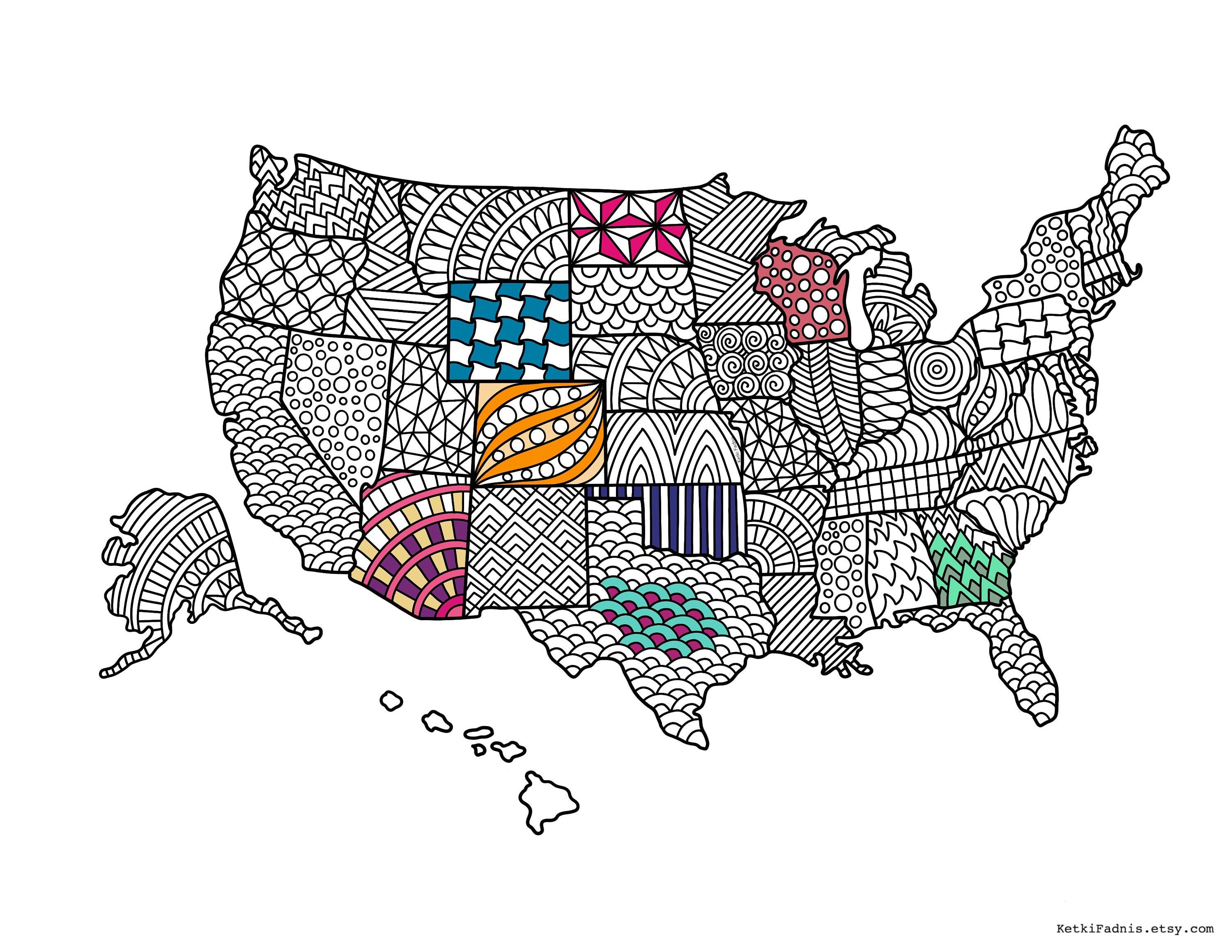 Usa map colouring page pdf download digital download coloring page zentangle patterns th july printable