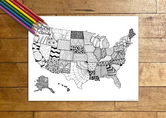 United states of america coloring page printable usa zentangle activity sheet states map kids coloring page adult coloring sales map