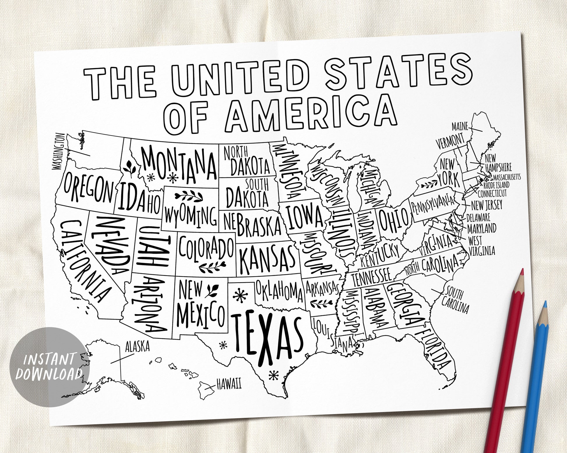 United states map coloring page states classroom coloring sheet activ â puff paper co