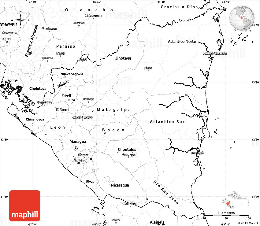 Blank simple map of nicaragua