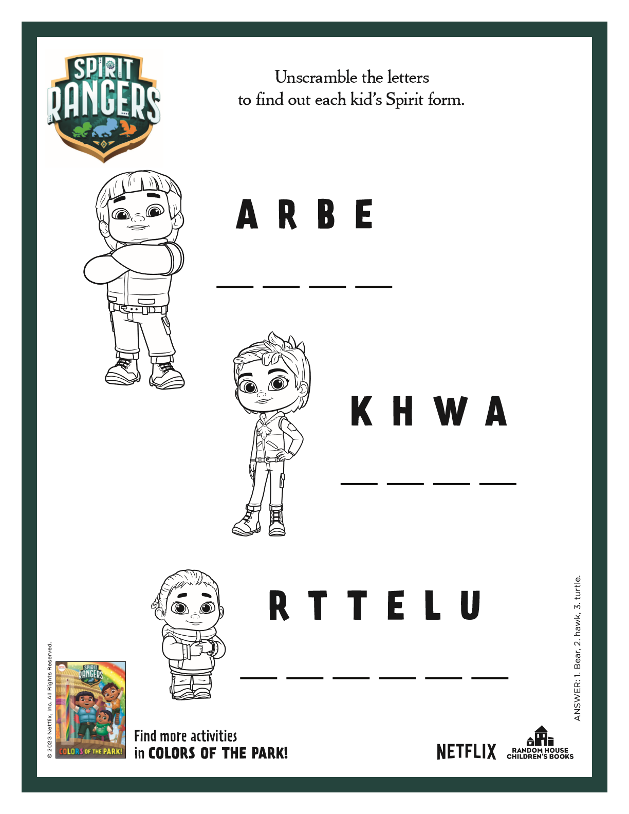 Free printable spirit rangers word scramble