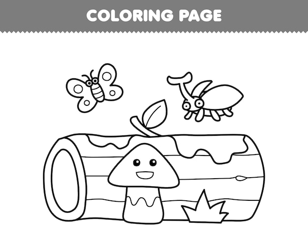 Premium vector education game for children coloring page of cute cartoon bug and mushroom in front of wood log line art printable nature worksheet