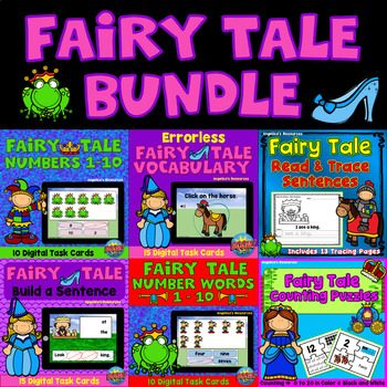 Fairy tale bundle coloring pages boom cards unscramble the sentences errorless