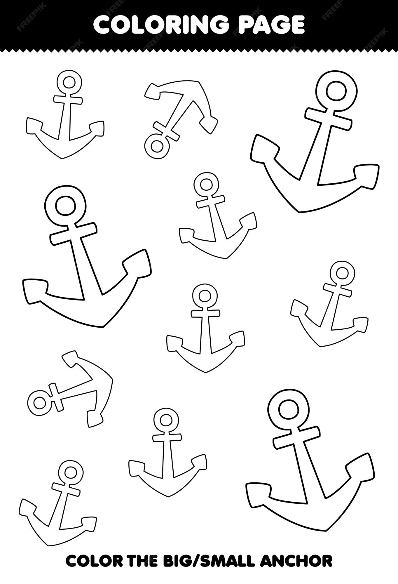 Premium vector education game for children coloring page big or small picture of cute cartoon anchor line art printable pirate worksheet