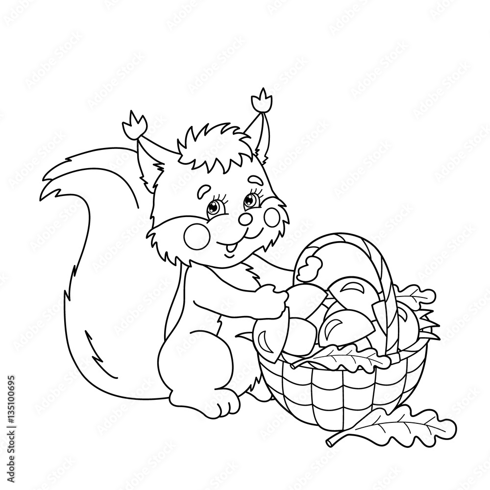 Coloring page outline of cartoon squirrel with basket of mushrooms summer gifts of nature coloring book for kids vector