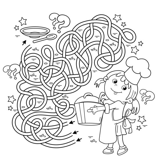 Maze or labyrinth game puzzle tangled road coloring page outline of cartoon girl chef with large pot little cook or scullion profession coloring book for kids stock illustration