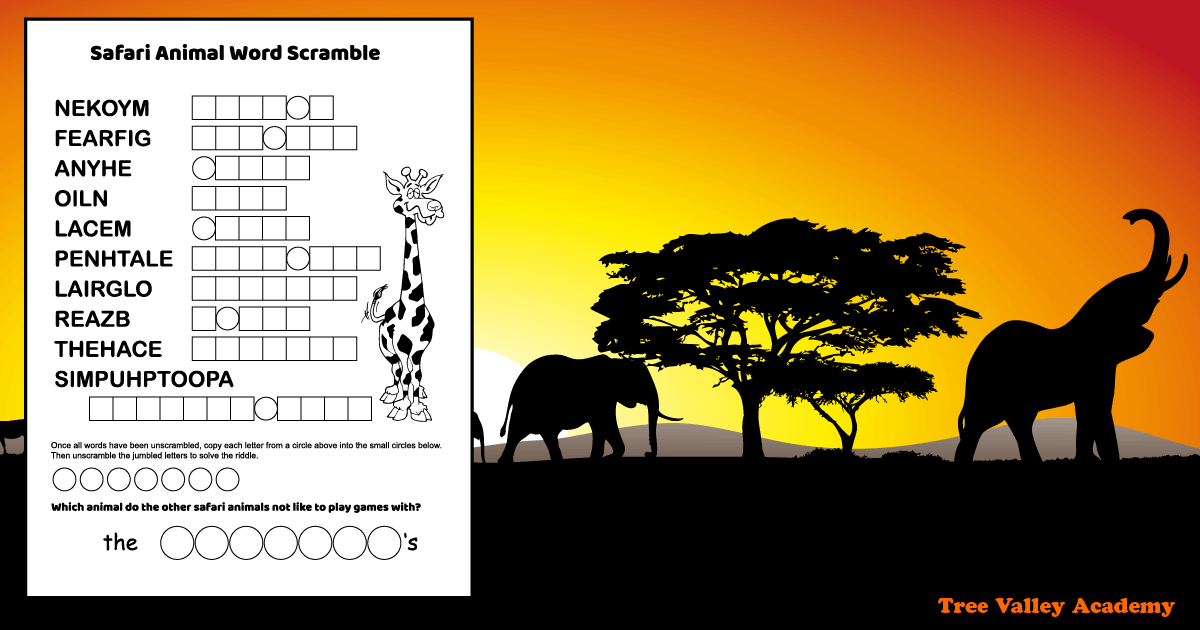 African safari animals word scramble