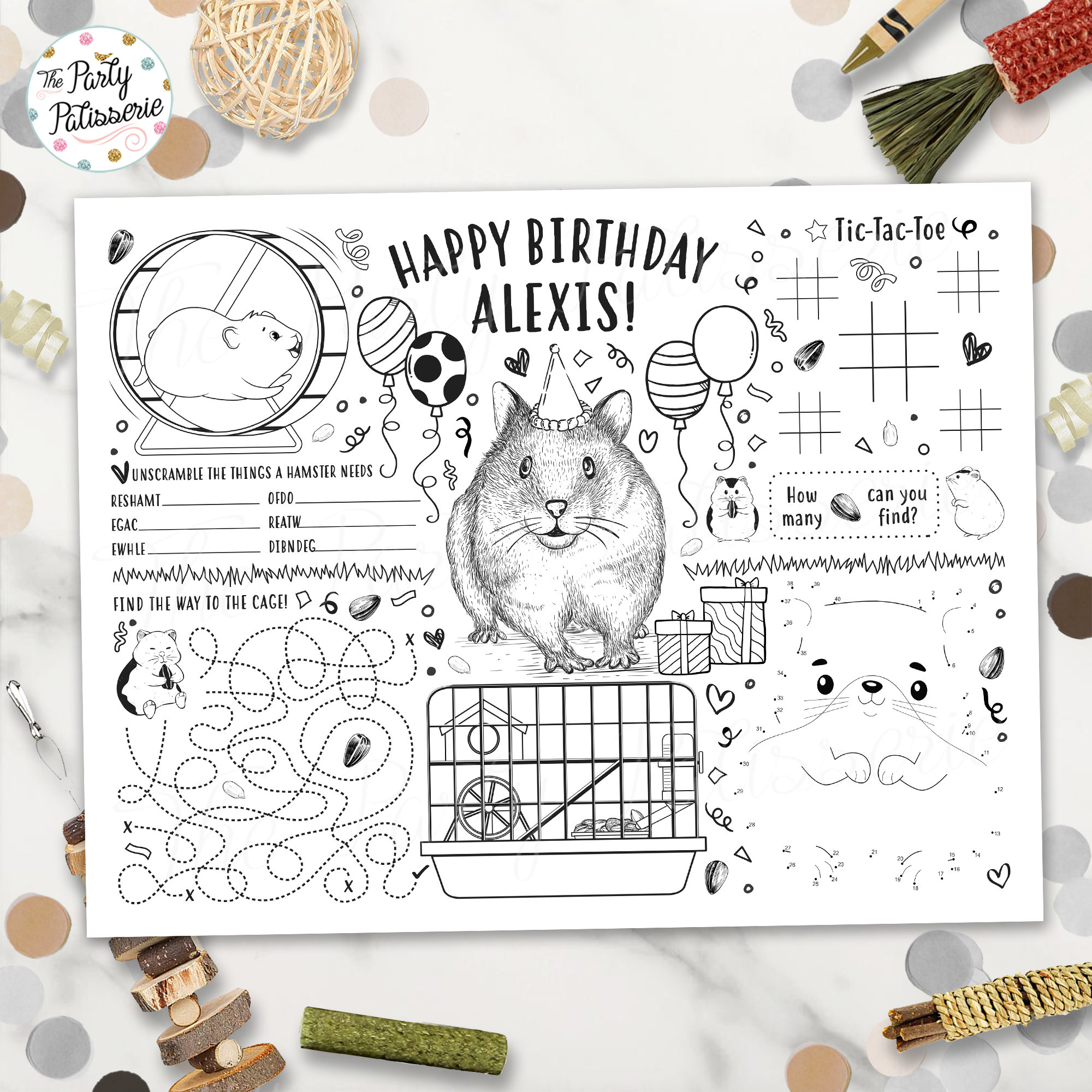 Printable hamster coloring placemat pet personalized digital file hamster party hamster birthday activity mat