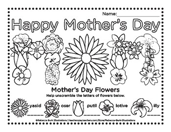 Mothers day activity coloring page worksheets by rebecca burk illustrations