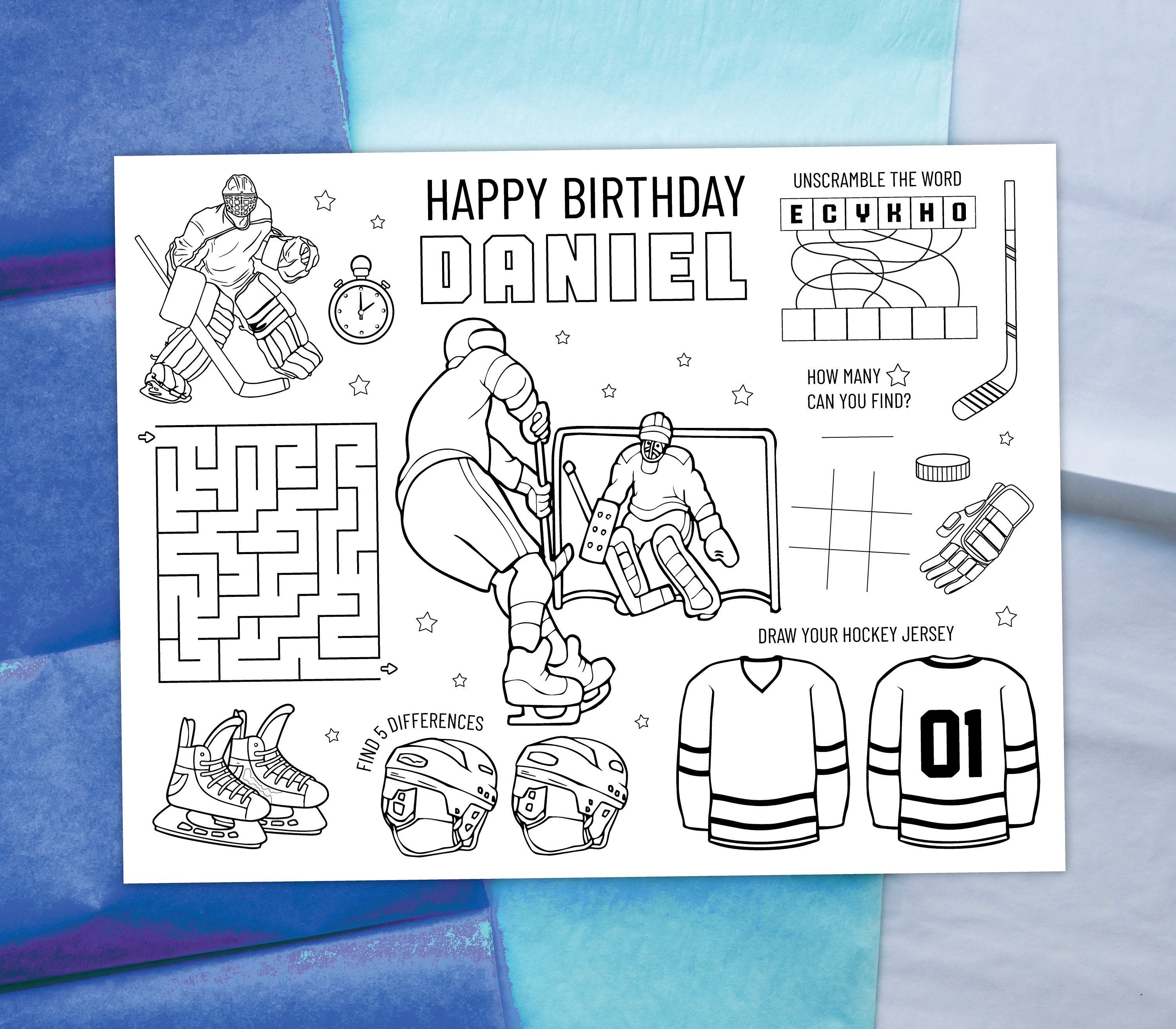 Hockey coloring placemat digital party activity sheet kids coloring page editable printable file download