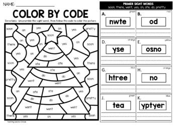 Christmas color by sight word unscramble the word worksheets primer