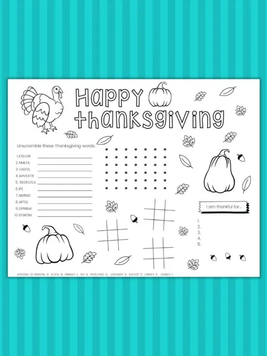 Free thanksgiving placemat coloring page and activity sheet