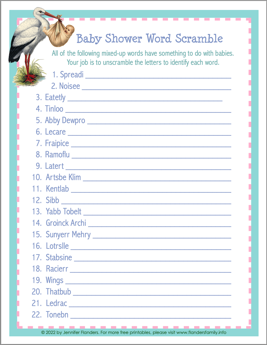 Baby shower word scramble free printable