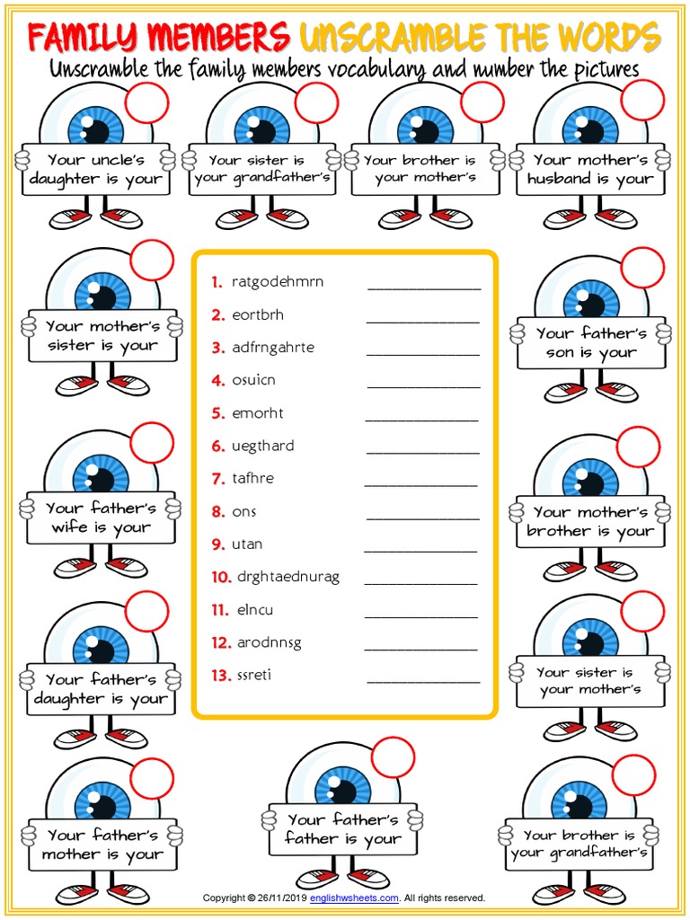 Family members vocabulary esl unscramble the words worksheet for kids pdf