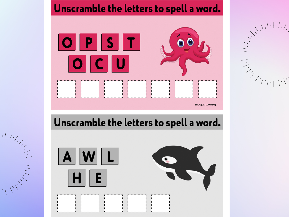 Unscramble printable work book for kids